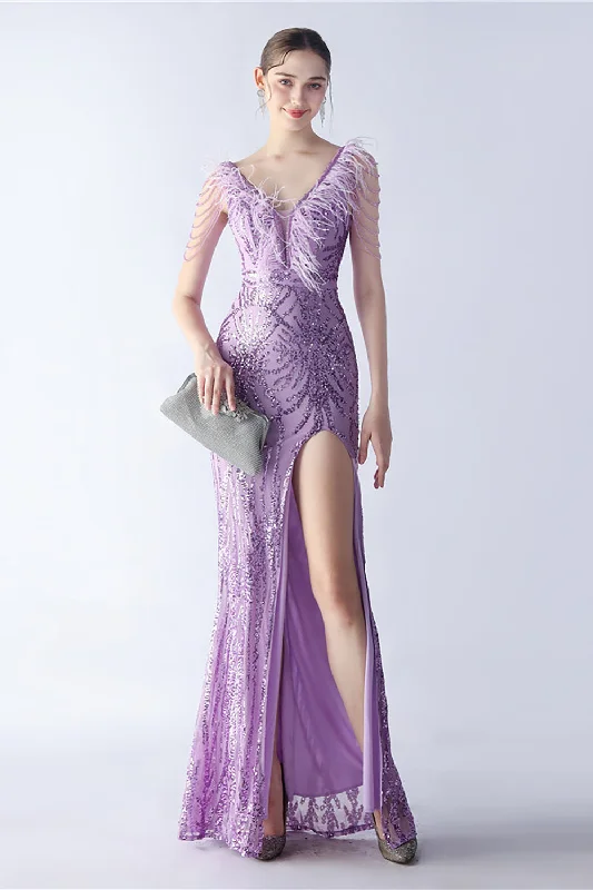 "White dresses for women for a fresh and clean look"Lilac Mermaid V Neck Sequin and Beaded Ostrich Feathers Evening Dress With Slit "White dresses for women for a fresh and clean look"Lilac Mermaid V Neck Sequin and Beaded Ostrich Feathers Evening Dress With Slit