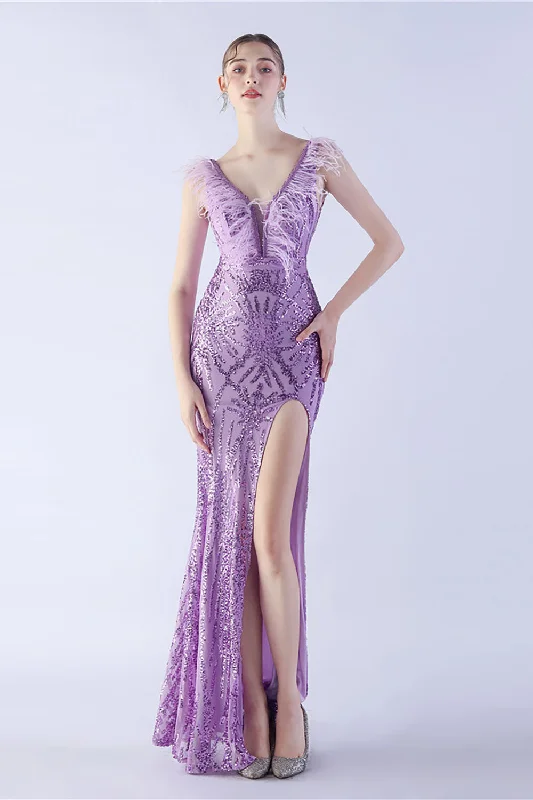 "Chiffon dresses for women with a flowy and light feel"Lilac Mermaid V Neck Side Slit Beaded Evening Dress With Feather "Chiffon dresses for women with a flowy and light feel"Lilac Mermaid V Neck Side Slit Beaded Evening Dress With Feather