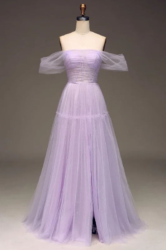 "Bohemian - style women's dresses for music festivals"Lilac Off the Shoulder A Line Tulle Princess Prom Dress With Slit "Bohemian - style women's dresses for music festivals"Lilac Off the Shoulder A Line Tulle Princess Prom Dress With Slit