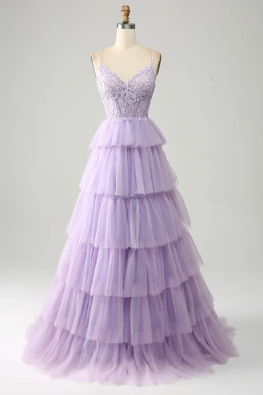 "T - shirt dresses for women for ultimate comfort"Lilac Tulle Tiered Princess Corset Prom Dress with Appliques "T - shirt dresses for women for ultimate comfort"Lilac Tulle Tiered Princess Corset Prom Dress with Appliques