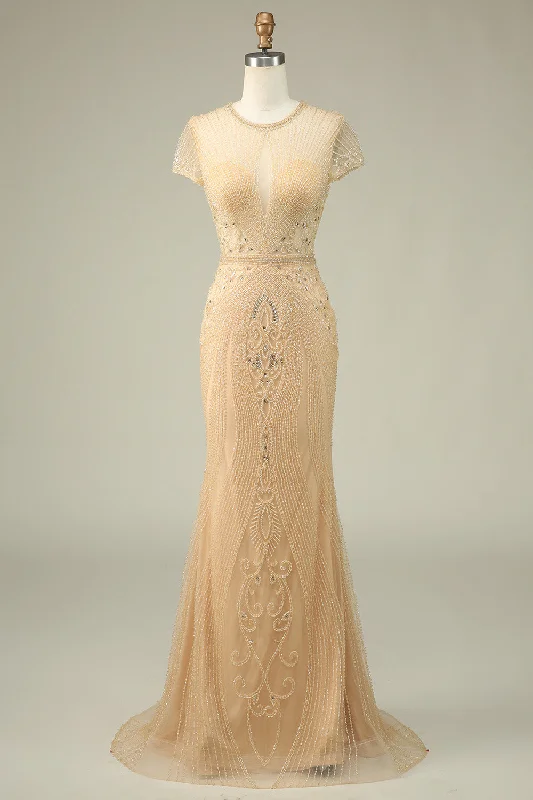 "Shirt dresses for women for a smart - casual style"Luxurious Mermaid Jewel Neck Champagne Prom Dress with Beading "Shirt dresses for women for a smart - casual style"Luxurious Mermaid Jewel Neck Champagne Prom Dress with Beading