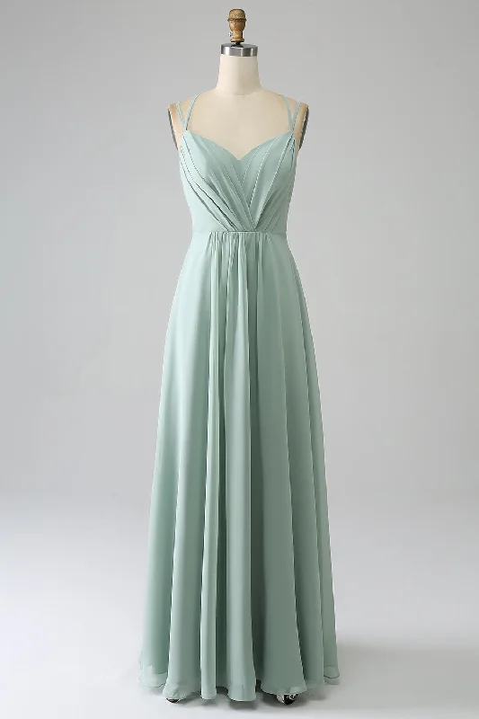 "Maxi dresses for women to wear in the fall"Matcha A-Line Spaghetti Straps Backless Pleated Long Bridesmaid Dress "Maxi dresses for women to wear in the fall"Matcha A-Line Spaghetti Straps Backless Pleated Long Bridesmaid Dress