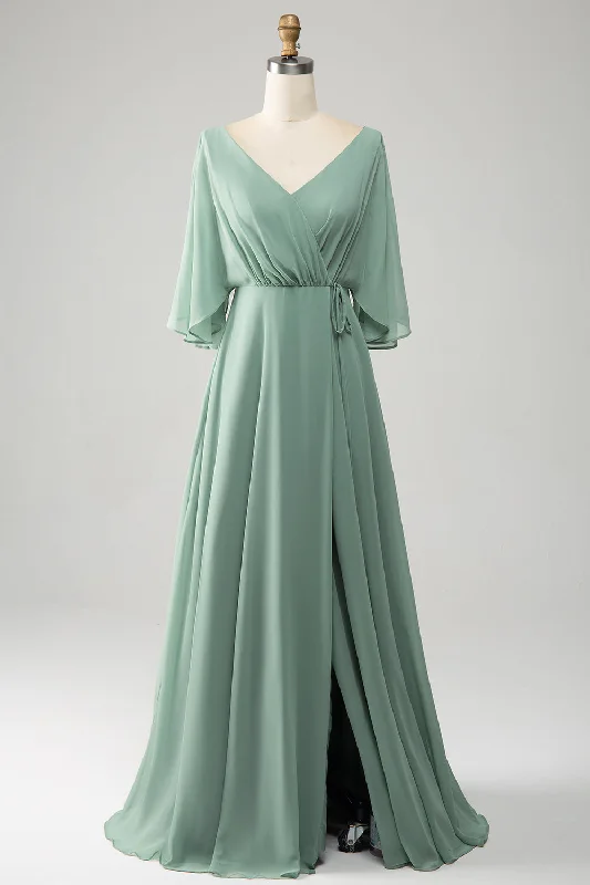 "Designer - inspired women's evening dresses"Matcha Batwing Sleeves Long Chiffon Bridesmaid Dress with Slit