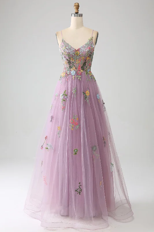 "Wrap dresses for women for an adjustable fit"Mauve A-Line Spaghetti Straps Tulle Long Prom Dress With Embroidery "Wrap dresses for women for an adjustable fit"Mauve A-Line Spaghetti Straps Tulle Long Prom Dress With Embroidery