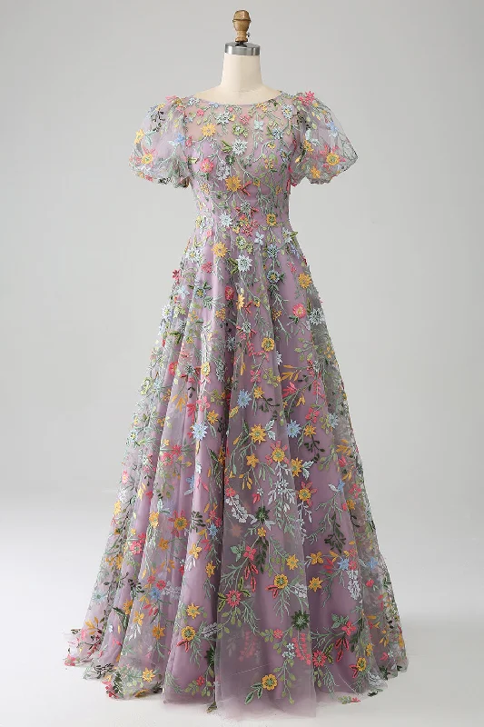 "Pleated dresses for women with a graceful movement"Mauve Ball-Gown/Princess Embroidered Prom Dress with Short Sleeves "Pleated dresses for women with a graceful movement"Mauve Ball-Gown/Princess Embroidered Prom Dress with Short Sleeves