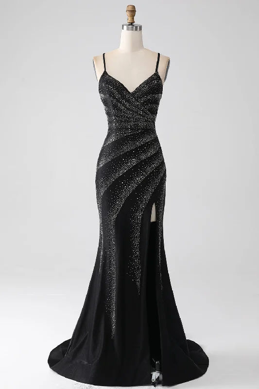 "Graduation dresses for women to celebrate in style"Mermaid Beaded Black Prom Dress with Slit "Graduation dresses for women to celebrate in style"Mermaid Beaded Black Prom Dress with Slit