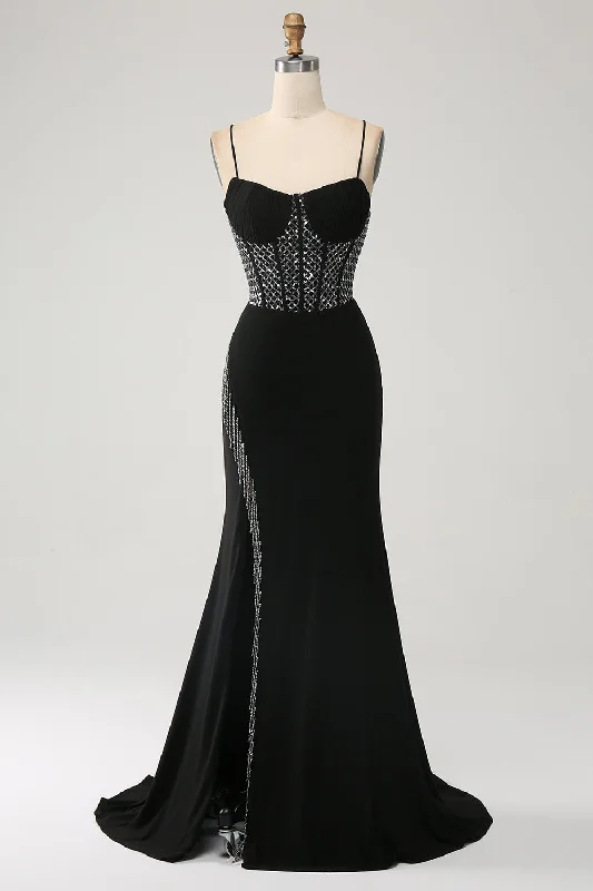 "Beaded dresses for women for a glamorous look"Mermaid Black Spaghetti Straps Long Corset Prom Dress with Slit "Beaded dresses for women for a glamorous look"Mermaid Black Spaghetti Straps Long Corset Prom Dress with Slit