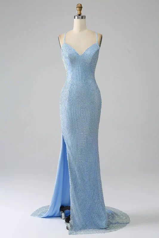 "White dresses for women for a fresh and clean look"Mermaid Blue Long Prom Dress with Slit "White dresses for women for a fresh and clean look"Mermaid Blue Long Prom Dress with Slit