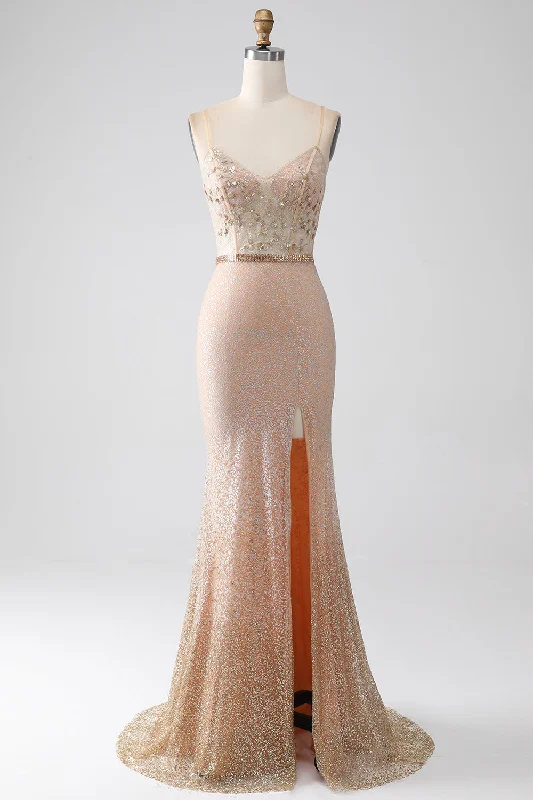 "Sustainable and eco - friendly women's dresses"Mermaid Champagne Spaghetti Straps Long Prom Dress with Slit "Sustainable and eco - friendly women's dresses"Mermaid Champagne Spaghetti Straps Long Prom Dress with Slit