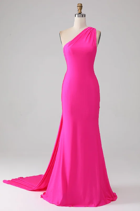 "Sleeveless dresses for women during hot summer days"Mermaid Hot Pink One Shoulder Long Prom Dress "Sleeveless dresses for women during hot summer days"Mermaid Hot Pink One Shoulder Long Prom Dress