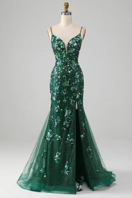 "Sequined dresses for women to shine at parties"Mermaid Lace-Up Back Dark Green Prom Dress with Appliques "Sequined dresses for women to shine at parties"Mermaid Lace-Up Back Dark Green Prom Dress with Appliques