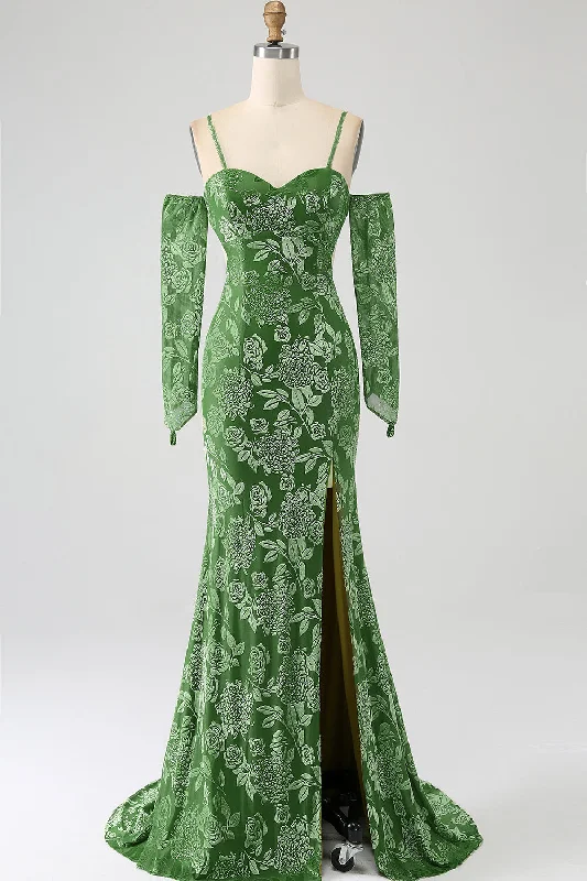 "Beach wedding dresses for women for a laid - back ceremony"Mermaid Off the Shoulder Olive Printed Long Prom Dress with Split Front "Beach wedding dresses for women for a laid - back ceremony"Mermaid Off the Shoulder Olive Printed Long Prom Dress with Split Front