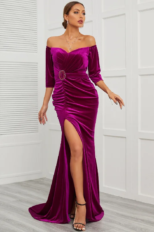 "Beaded dresses for women for a glamorous look"Mermaid Off the Shoulder Prom Dress with Split Front "Beaded dresses for women for a glamorous look"Mermaid Off the Shoulder Prom Dress with Split Front