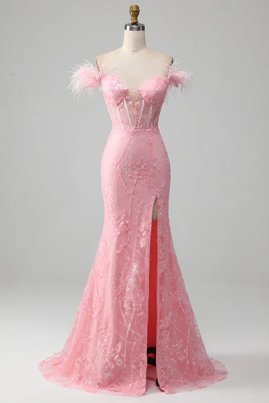 "Seasonal Sale: Save Big on Women's Dresses for Every Occasion"Mermaid Off the Shoulder Sparkly Pink Feathers Corset Prom Dress With Slit "Seasonal Sale: Save Big on Women's Dresses for Every Occasion"Mermaid Off the Shoulder Sparkly Pink Feathers Corset Prom Dress With Slit