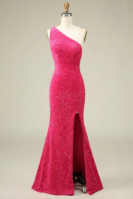 "Chiffon dresses for women with a flowy and light feel"Mermaid One Shoulder Fuchsia Sequins Long Prom Dress with Split Front "Chiffon dresses for women with a flowy and light feel"Mermaid One Shoulder Fuchsia Sequins Long Prom Dress with Split Front