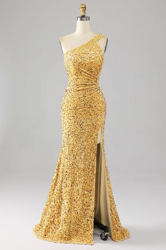 "Off - shoulder dresses for women to show off collarbones"Mermaid Sequins One Shoulder Golden Prom Dress with Slit "Off - shoulder dresses for women to show off collarbones"Mermaid Sequins One Shoulder Golden Prom Dress with Slit