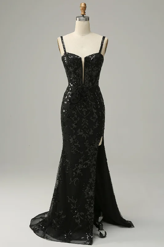 "Ruffled dresses for women for added femininity"Mermaid Spaghetti Straps Black Sequins Long Prom Dress with Split Front "Ruffled dresses for women for added femininity"Mermaid Spaghetti Straps Black Sequins Long Prom Dress with Split Front