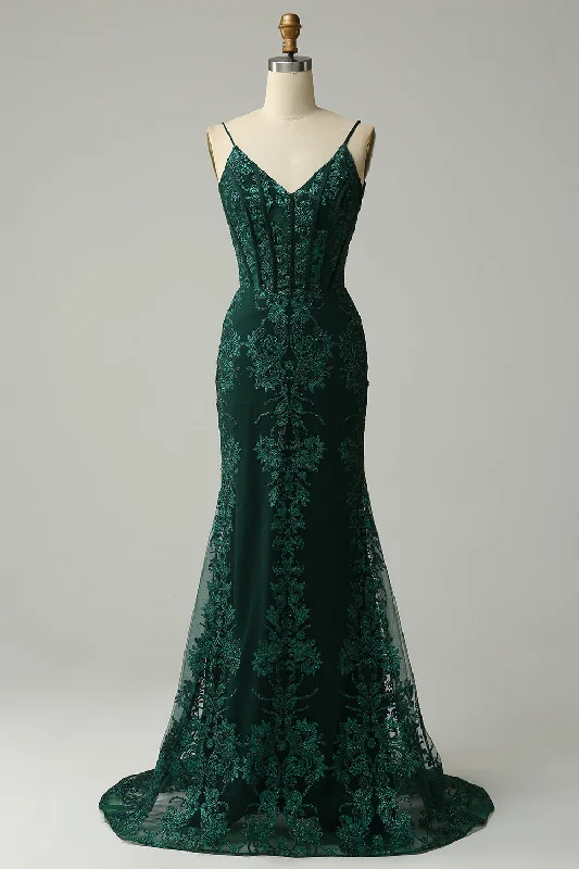 "Graduation dresses for women to celebrate in style"Mermaid Spaghetti Straps Peacock Green Prom Dress with Appliques "Graduation dresses for women to celebrate in style"Mermaid Spaghetti Straps Peacock Green Prom Dress with Appliques