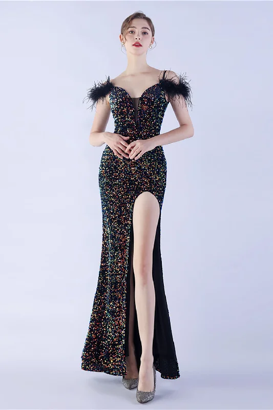 Clearance Sale: Women's Dresses Mermaid Spaghetti Straps Sequin Formal Evening Dress With Feathers Clearance Sale: Women's Dresses Mermaid Spaghetti Straps Sequin Formal Evening Dress With Feathers