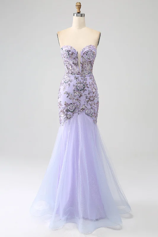 "Designer - inspired women's evening dresses"Mermaid Strapless Lavender Corset Prom Dress with Beading