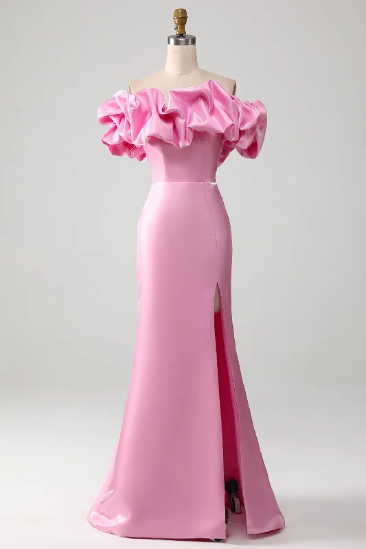 "Long sleeve dresses for women in cold weather"Mermaid Off the Shoulder Pink Prom Dress with Split Front "Long sleeve dresses for women in cold weather"Mermaid Off the Shoulder Pink Prom Dress with Split Front