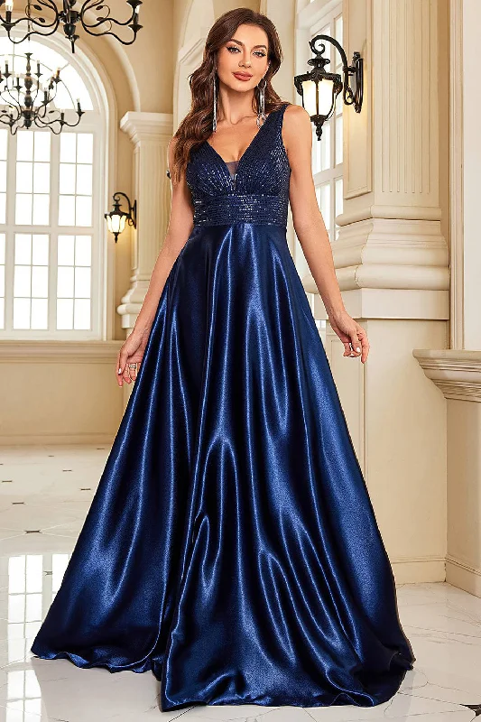 "Black tie dresses for women for formal galas"Navy Satin A-Line Formal Dress with Sequins "Black tie dresses for women for formal galas"Navy Satin A-Line Formal Dress with Sequins