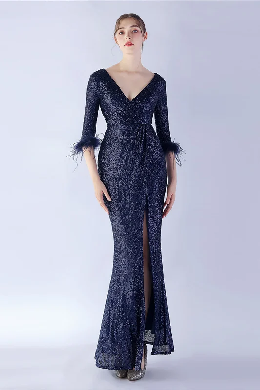"Plus size wedding dresses for women with a perfect fit"Navy Sequin V-neck Half Sleeves Sheath Formal Dress with Feather "Plus size wedding dresses for women with a perfect fit"Navy Sequin V-neck Half Sleeves Sheath Formal Dress with Feather
