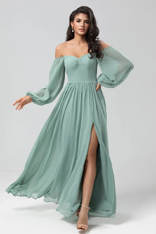 "Floral print dresses for women for a feminine look"Off the Shoulder Long Sleeves Green Bridemaid Dress with Slit "Floral print dresses for women for a feminine look"Off the Shoulder Long Sleeves Green Bridemaid Dress with Slit