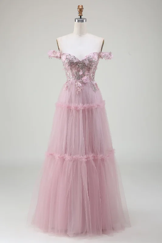 "Affordable plus size women's summer dresses"Off the Shoulder Tulle Pink Prom Dress with Appliques "Affordable plus size women's summer dresses"Off the Shoulder Tulle Pink Prom Dress with Appliques