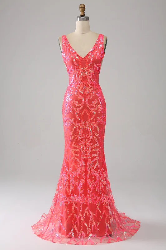 "Vintage - look women's dresses for a retro charm"Coral Charming Mermaid Deep V Neck Sparkly Sequin Prom Dress with Embroidery "Vintage - look women's dresses for a retro charm"Coral Charming Mermaid Deep V Neck Sparkly Sequin Prom Dress with Embroidery