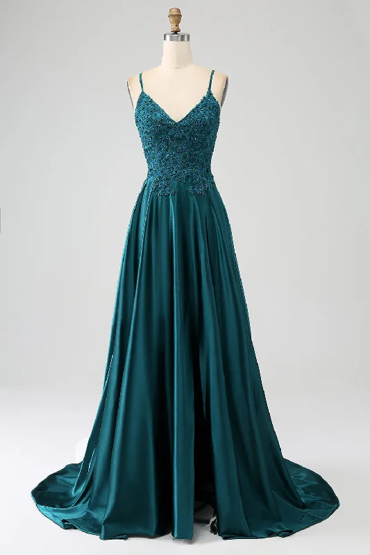 "Plus size formal dresses for women for special events"Peacock Green A-Line Spaghetti Straps Long Prom Dress with Slit