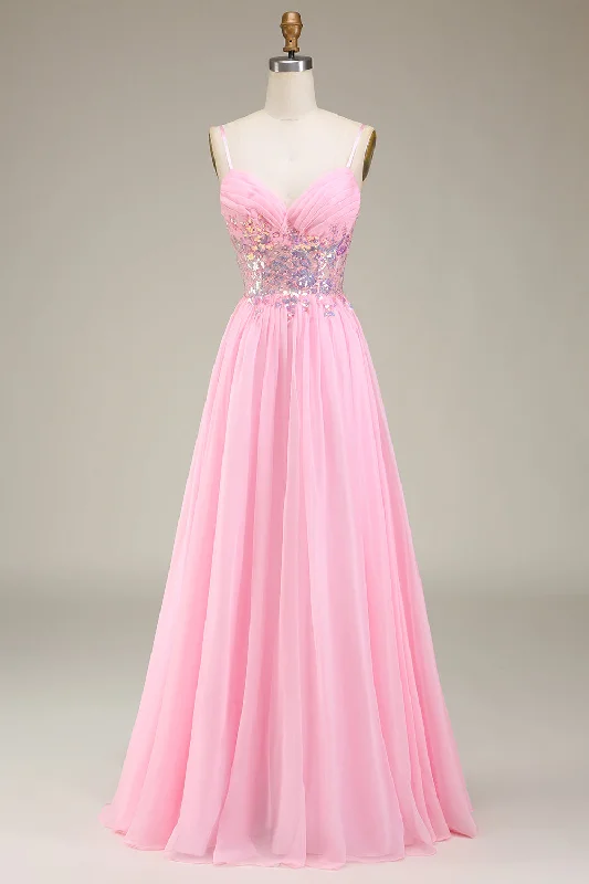 "Polka dot dresses for women with a retro vibe"Pink Corset Spaghetti Straps A-line Prom Dress with Pleated "Polka dot dresses for women with a retro vibe"Pink Corset Spaghetti Straps A-line Prom Dress with Pleated