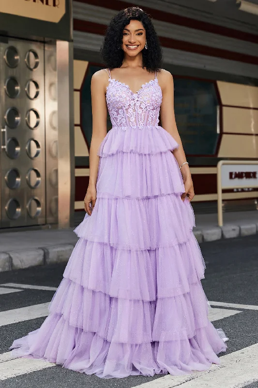 "Petite women's dresses with flattering fits"Purple Princess A Line Spaghetti Straps Corset Prom Dress with Appliques Ruffles "Petite women's dresses with flattering fits"Purple Princess A Line Spaghetti Straps Corset Prom Dress with Appliques Ruffles