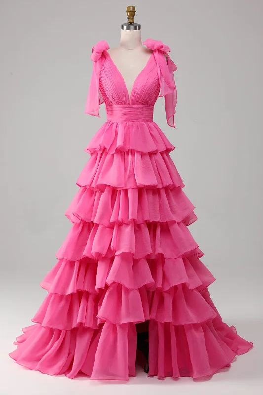 "Animal print dresses for women who love bold styles"Princess A-Line V-Neck Fuchsia Prom Dress With Slit "Animal print dresses for women who love bold styles"Princess A-Line V-Neck Fuchsia Prom Dress With Slit