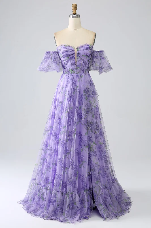 "Short dresses for women for a night out clubbing"Printed Lavender Off the Shoulder A line Prom Dress with Removable Sleeves "Short dresses for women for a night out clubbing"Printed Lavender Off the Shoulder A line Prom Dress with Removable Sleeves