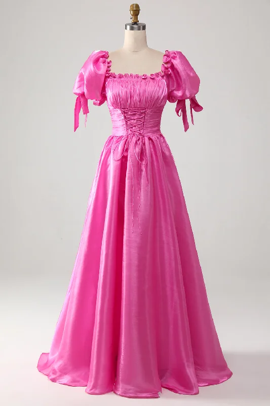 "Maxi dresses for women to wear in the fall"Puff Sleeves Hot Pink Prom Dress with Ruffles "Maxi dresses for women to wear in the fall"Puff Sleeves Hot Pink Prom Dress with Ruffles