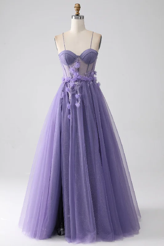 "Maxi dresses for women to wear in the fall"Purple A-Line Spaghetti Straps Corset Prom Dress with 3D Flowers "Maxi dresses for women to wear in the fall"Purple A-Line Spaghetti Straps Corset Prom Dress with 3D Flowers