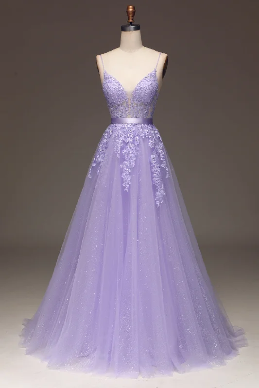 "Satin dresses for women for a luxurious appearance"Purple A-Line Spaghetti Straps Long Beaded and Tulle Prom Dress with Appliques