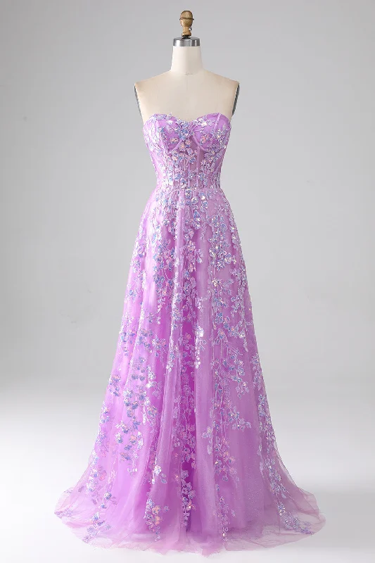 "Floral print dresses for women for a feminine look"Purple A-Line Strapless Corset Prom Dress with Appliques "Floral print dresses for women for a feminine look"Purple A-Line Strapless Corset Prom Dress with Appliques