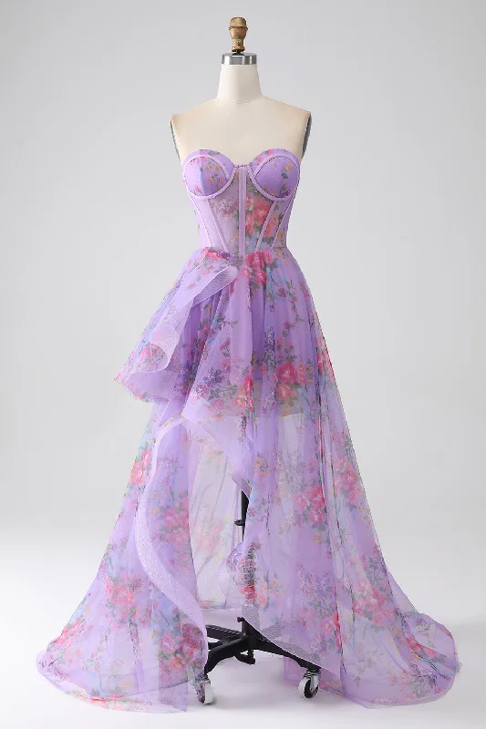 "A - line dresses for women to flatter the figure"Purple Printed Strapless Corset Prom Dress "A - line dresses for women to flatter the figure"Purple Printed Strapless Corset Prom Dress
