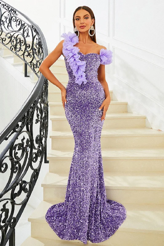 "Striped dresses for women with a classic touch"Purple Sequins Mermaid Off the Shoulder Prom Dress "Striped dresses for women with a classic touch"Purple Sequins Mermaid Off the Shoulder Prom Dress