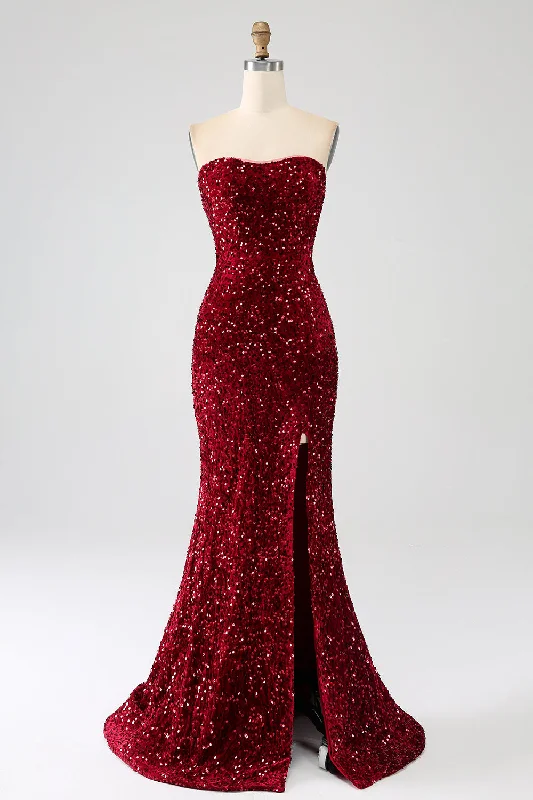 "Elegant wedding guest dresses for women under $100"Red Strapless Sequins Long Mermaid Prom Dress With Slit "Elegant wedding guest dresses for women under $100"Red Strapless Sequins Long Mermaid Prom Dress With Slit