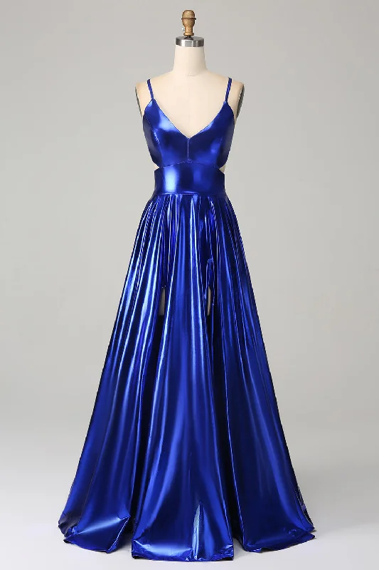 "Off - shoulder dresses for women to show off collarbones"Royal Blue A-Line Spaghetti Straps Prom Dress with Slit "Off - shoulder dresses for women to show off collarbones"Royal Blue A-Line Spaghetti Straps Prom Dress with Slit