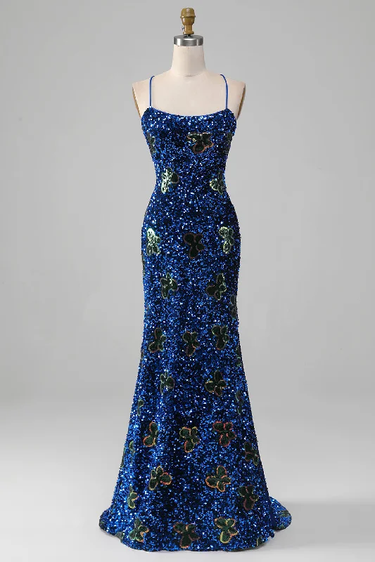 "Floral print dresses for women for a feminine look"Royal Blue Mermaid Spaghetti Straps Sequins Prom Dress With Slit "Floral print dresses for women for a feminine look"Royal Blue Mermaid Spaghetti Straps Sequins Prom Dress With Slit