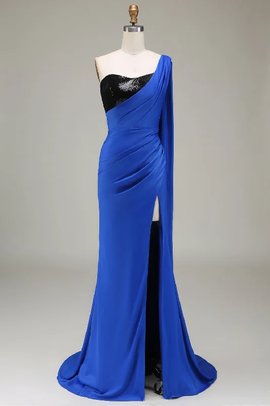 "Seasonal Sale: Save Big on Women's Dresses for Every Occasion"Royal Blue One Shoulder Satin and Sequin Mermaid Pleated Prom Dress with Slit "Seasonal Sale: Save Big on Women's Dresses for Every Occasion"Royal Blue One Shoulder Satin and Sequin Mermaid Pleated Prom Dress with Slit