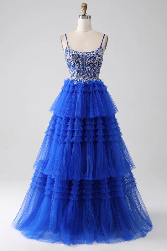 "Chiffon dresses for women with a flowy and light feel"Royal Blue Tiered Prom Dress with Sequins "Chiffon dresses for women with a flowy and light feel"Royal Blue Tiered Prom Dress with Sequins
