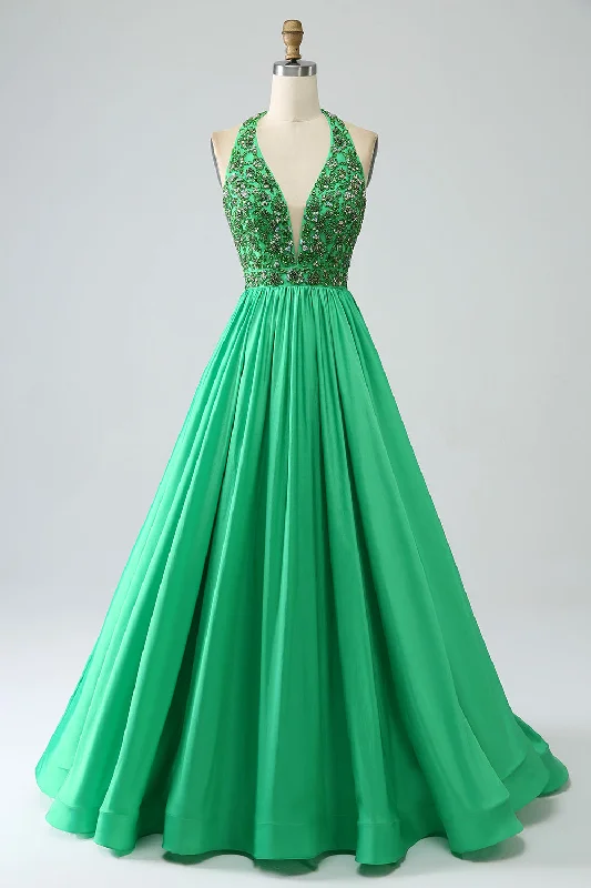 "VIP Sale: Extra 15% Off on Women's Dresses for Our Loyal Customers"Satin Green Halter Prom Dress with Beading "VIP Sale: Extra 15% Off on Women's Dresses for Our Loyal Customers"Satin Green Halter Prom Dress with Beading