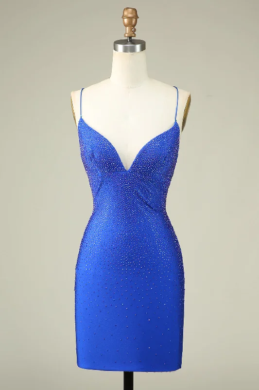 "Simple wedding dresses for women who prefer understated elegance"Sexy V Neck Blue Spaghetti Straps Homecoming Dress With Beading "Simple wedding dresses for women who prefer understated elegance"Sexy V Neck Blue Spaghetti Straps Homecoming Dress With Beading