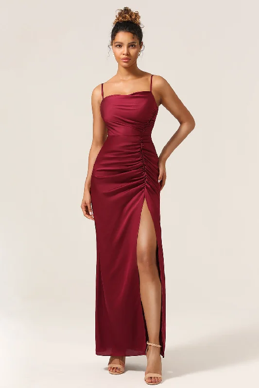 "Sleeveless dresses for women during hot summer days"Simple Mermaid Spaghetti Straps Burgundy Long Bridesmaid Dress with Split Front "Sleeveless dresses for women during hot summer days"Simple Mermaid Spaghetti Straps Burgundy Long Bridesmaid Dress with Split Front