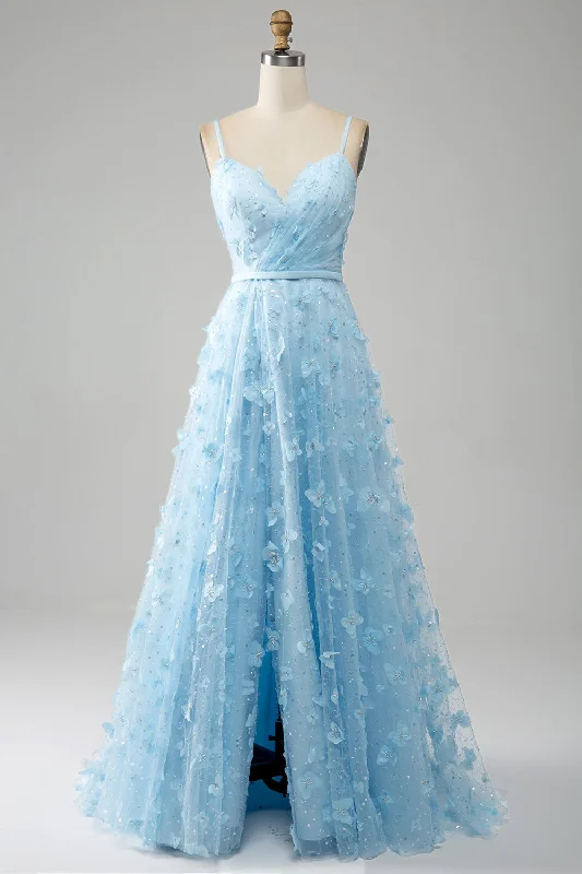 "Red dresses for women to make a bold statement"Sky Blue A Line Spaghetti Straps Sparkly Beaded Prom Dress with 3D Butterflies "Red dresses for women to make a bold statement"Sky Blue A Line Spaghetti Straps Sparkly Beaded Prom Dress with 3D Butterflies